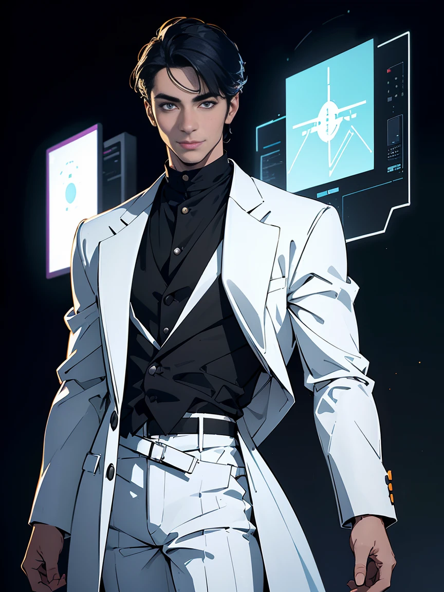 (Best quality, A high resolution,ultra detailed,realistic:1.2),portrait, 30 years old man, White skin, sci fi, scientist, face confident, A slight smile, elegant white suit, confident pose, black hair styled with side bangs, scientist, bright colors, Cyberpunk, dark background, waist high shot