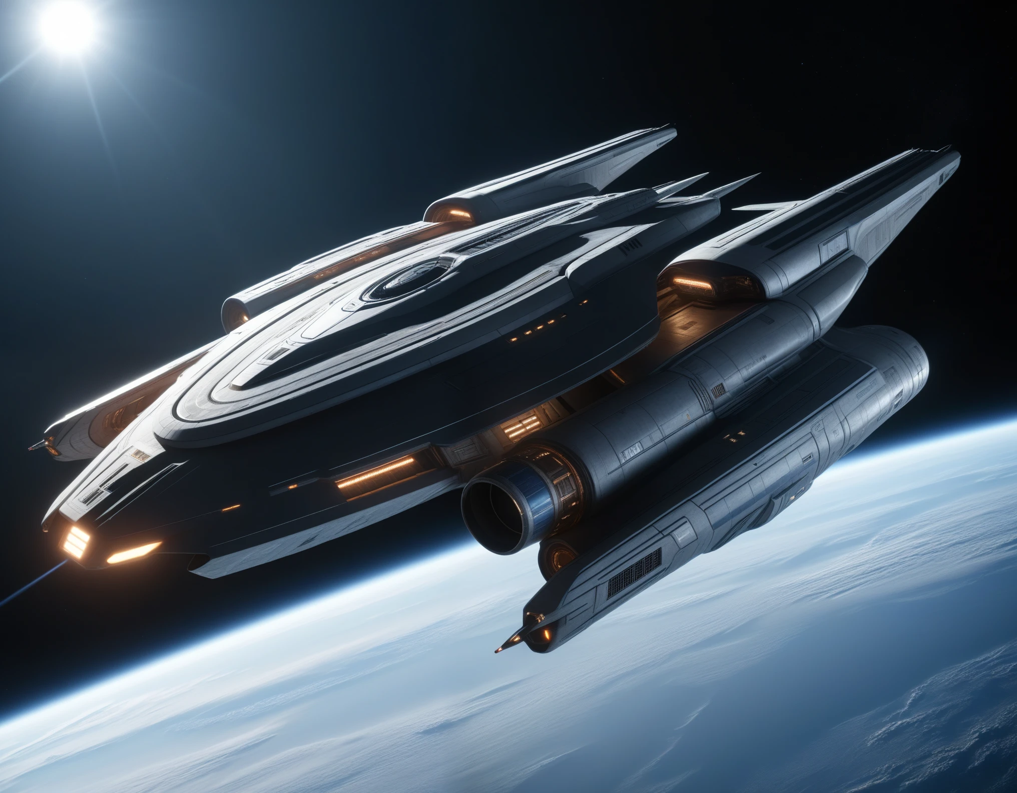 sci-fi photography, high-quality imagery, hyperdetailed, hyperrealistic,full scene,realism,cinematic shot of a starship,star trek defiant class/babylon 5 white star class hybrid,MASTERPIECE, light reflections, cgi vfx, various colors, fantasy art, dark fantasy,high definition, cinematic, behance contest winner, stylized digital art, smooth, ultra high definition, 32k, unreal engine 5, ultra sharp focus, intricate artwork masterpiece, ominous, epic, 32k details, ultra details, dynamic lighting, cinematic, photo-realistic, 50mm lens, f/2.8, natural lighting, HDR, realism, mysterious, ?? megapixels, depth of field, hyperrealism, photorealistic, 32k ultra fine detail, masterpiece, High detailed, Realism, Epic, Enhance, Beautify, Epicrealism, intricate, detailed, 500px, promo shot, 3d render,