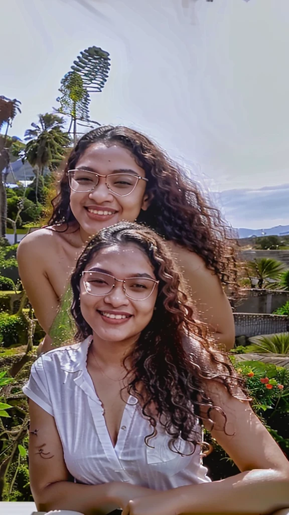 a naked woman with glasses is smiling for the camera with a picture of a tree in the background, inspired by Verónica Ruiz de Velasco, headshot profile picture, around 30 yo, curly, colombian, professional profile picture, with glasses, vacation photo, instagram story, nivanh chanthara, riyahd cassiem, portait photo profile picture, profile pic