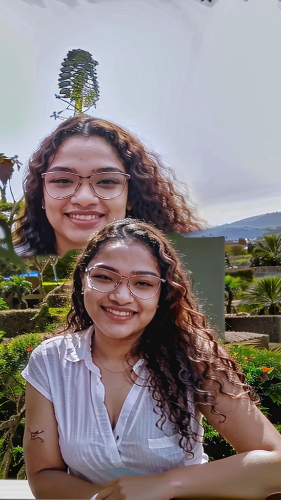 a naked woman with glasses is smiling for the camera with a picture of a tree in the background, inspired by Verónica Ruiz de Velasco, headshot profile picture, around 30 yo, curly, colombian, professional profile picture, with glasses, vacation photo, instagram story, nivanh chanthara, riyahd cassiem, portait photo profile picture, profile pic