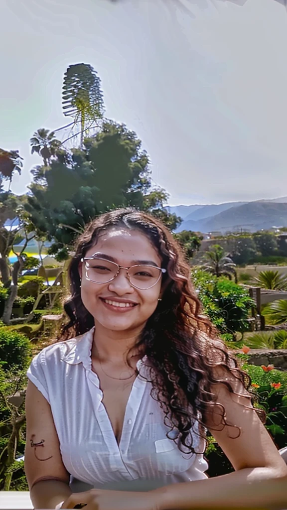 a naked woman with glasses is smiling for the camera with a picture of a tree in the background, inspired by Verónica Ruiz de Velasco, headshot profile picture, around 30 yo, curly, colombian, professional profile picture, with glasses, vacation photo, instagram story, nivanh chanthara, riyahd cassiem, portait photo profile picture, profile pic
