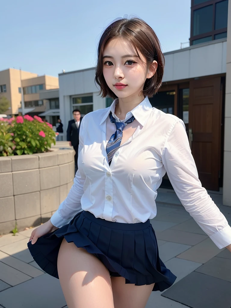 ((Best of the highest quality, 8k, Masterpiece, raw photo: 1.2)), (Sharp focus: 1.2), (1 AESPA, slim body type female, 21 y/o: 1.1), (Solo: 1.1), (realistic, photo-realistic:1.37), face focus, cute face, finely eyes, (droopy eyes: 1.32), (Emphasize prominent aegyo-sal with bright: 1.2), shimmering eyeshadow applied under the lower lash line, paired with thick, (small breasts, flat chest, Thigh: 1.3), (short messy hair: 1.28), (business suit, pleats skirt: 1.32), walking terrace dining, flower, (from below, windy up skirt: 1.12)