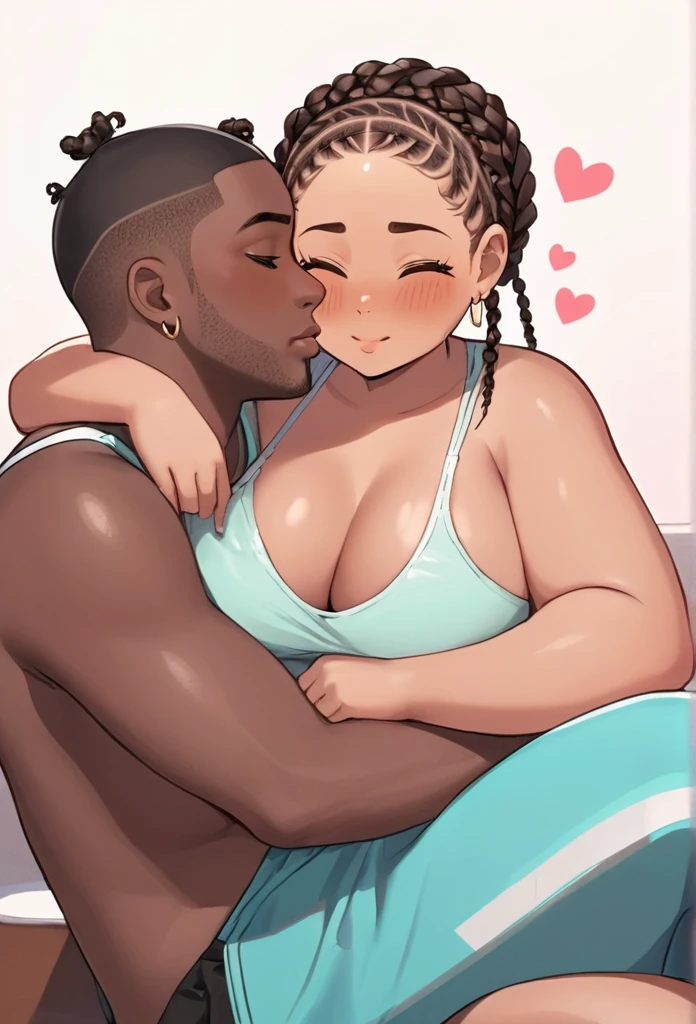 1 man dark skinned, cornrows going to the side shirtless, sweating, basketball shorts
1 woman Brown skin squishy bbw belly and thighs with bonnet Heart eyes. Sitting on his lap.