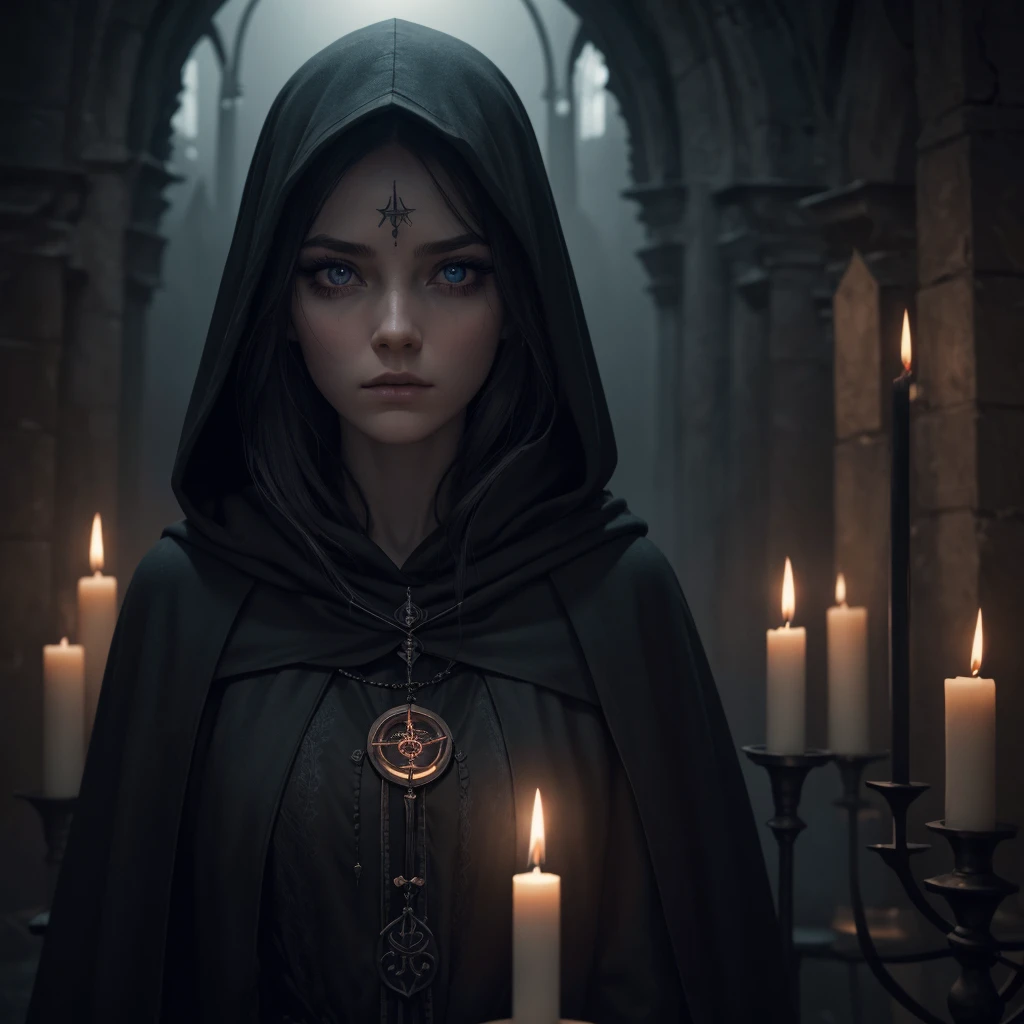A girl in a dark cult ritual, detailed face, long eyelashes, porcelain skin, intense gaze, hooded cloak, candles, mystical symbols, occult atmosphere, dramatic lighting, cinematic composition, muted color palette, dark fantasy, digital art, highly detailed, 8k, photorealistic