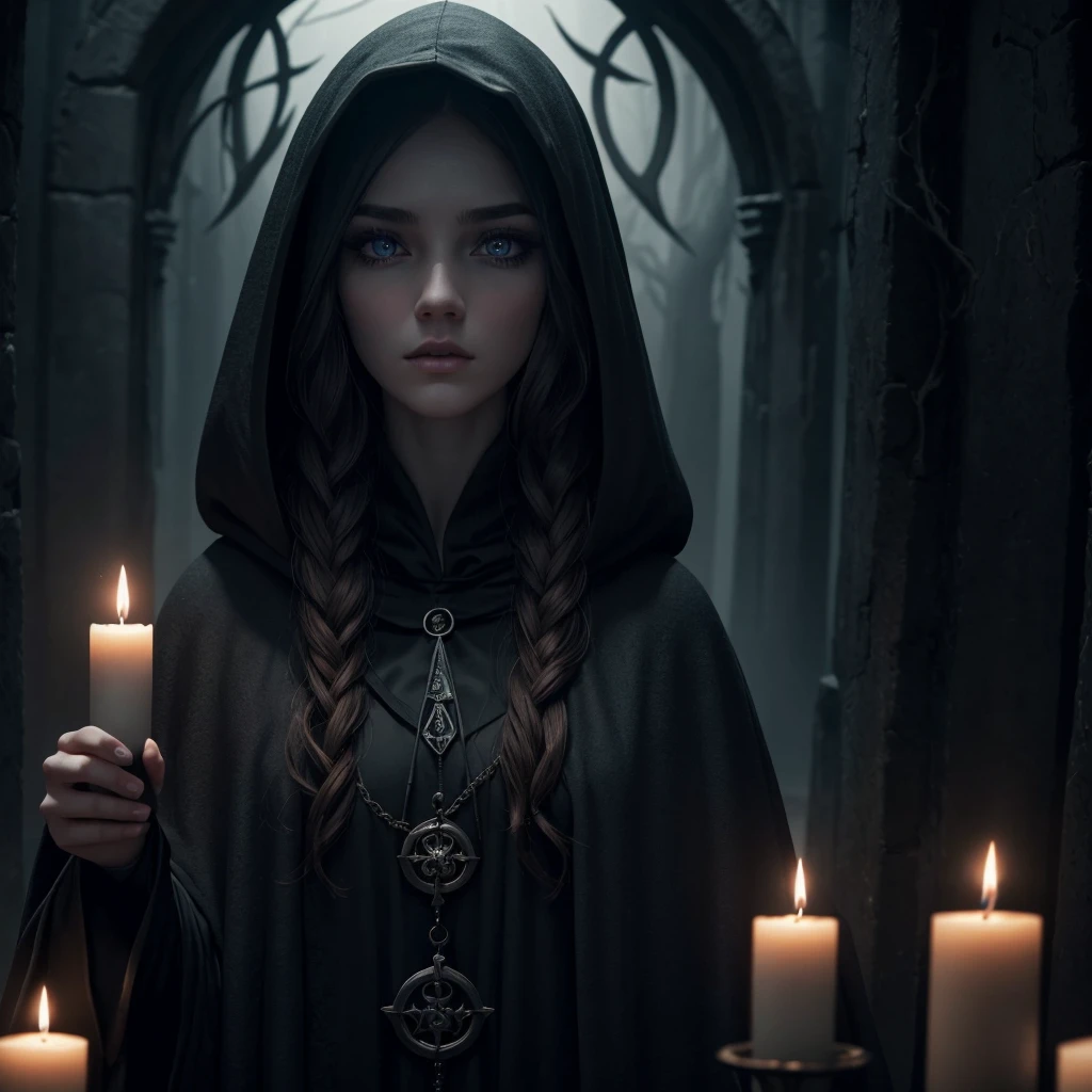 A girl in a dark cult ritual, detailed face, long eyelashes, porcelain skin, intense gaze, hooded cloak, candles, mystical symbols, occult atmosphere, dramatic lighting, cinematic composition, muted color palette, dark fantasy, digital art, highly detailed, 8k, photorealistic