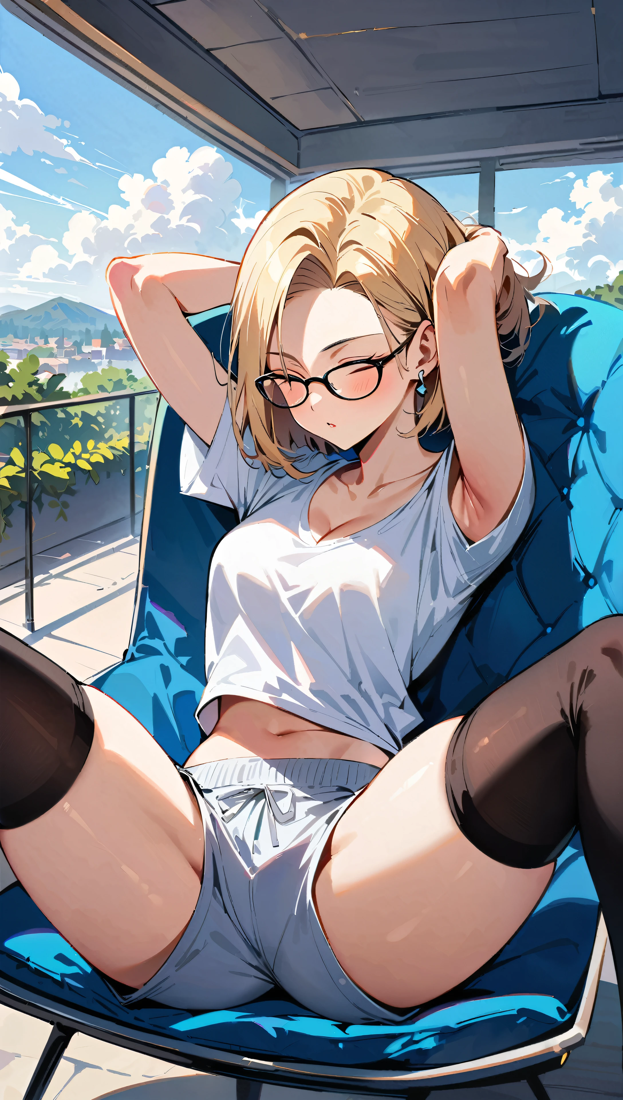 (masterpiece, best quality:1.2), solo, Android 18 from Dragon Ball, ((light gray baggy crop T-shirt, short sleeve, black thin thigh highs, spread legs, beautiful butt, gray dolphin pants)), small breasts, short blonde hair loose, ((close eyes)), (wearing glasses), earrings on earlobes, slender feminine figure, skinny body, cleavage, light blush, chill, organized, simple, white-based interior, a few plants, cloudy sky, terrace, magnificent view, blur background, 4K, on the cute chair, (pale blue chair), midriff-baring, beautiful armpits, pantyshot, arms up behind,