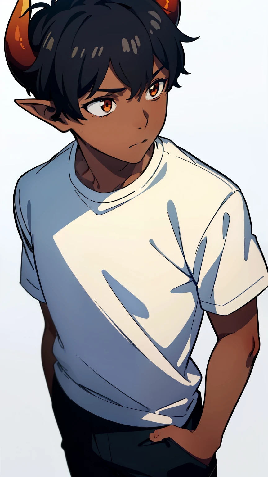 (1boy,9s,solo,kid),((dark skin)),((white shirt,short sleeves,black shorts)),short hair,black hair,elf ears,shy,(horns),(white background),upper bidy,orange eyes,looking down,Shot from above,arm behind the back,