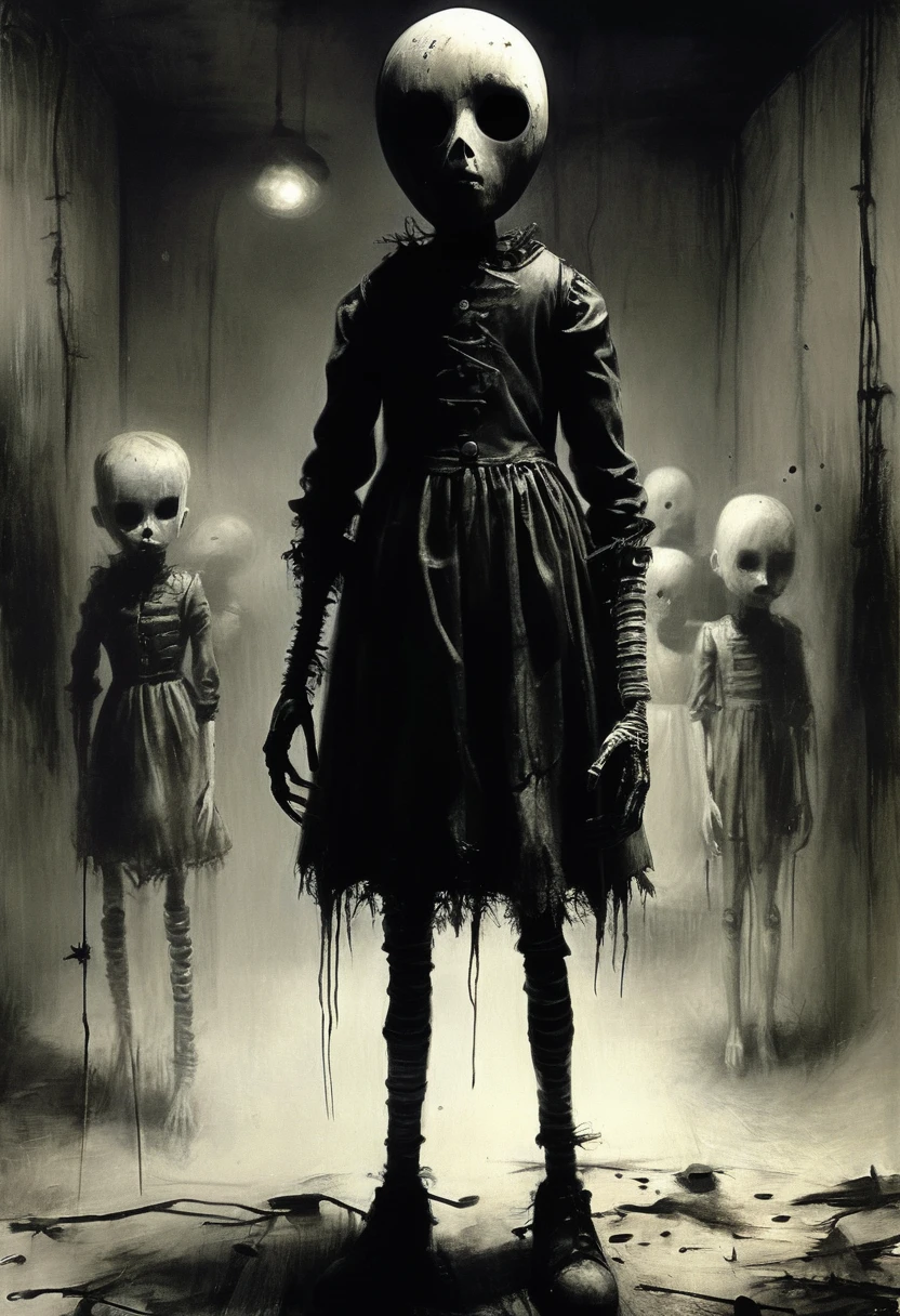 And the lights go out. Creepy dolls and mannequins. Horror. Screamer, creepypasta, hopelessness, it’s all over. Ashley Wood style, dark scarlet, monochrome, (minimalism: 1), ray tracing details. Style by Stephen Gammell.