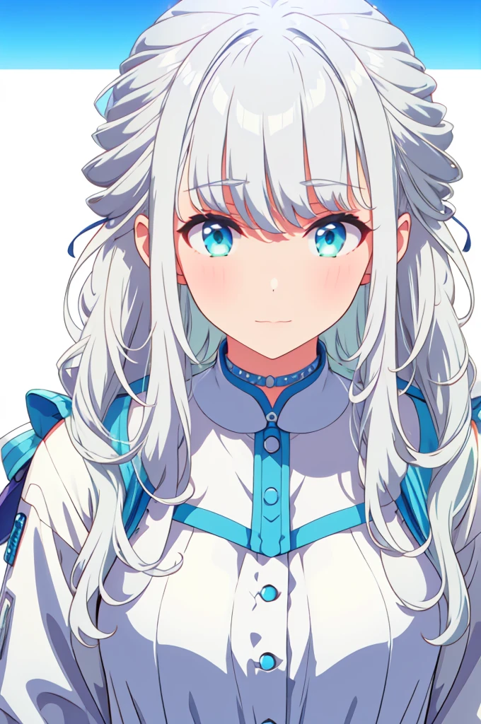 White Hair、Blue-green eyes、Long Hair、White dress、mysterious、White background