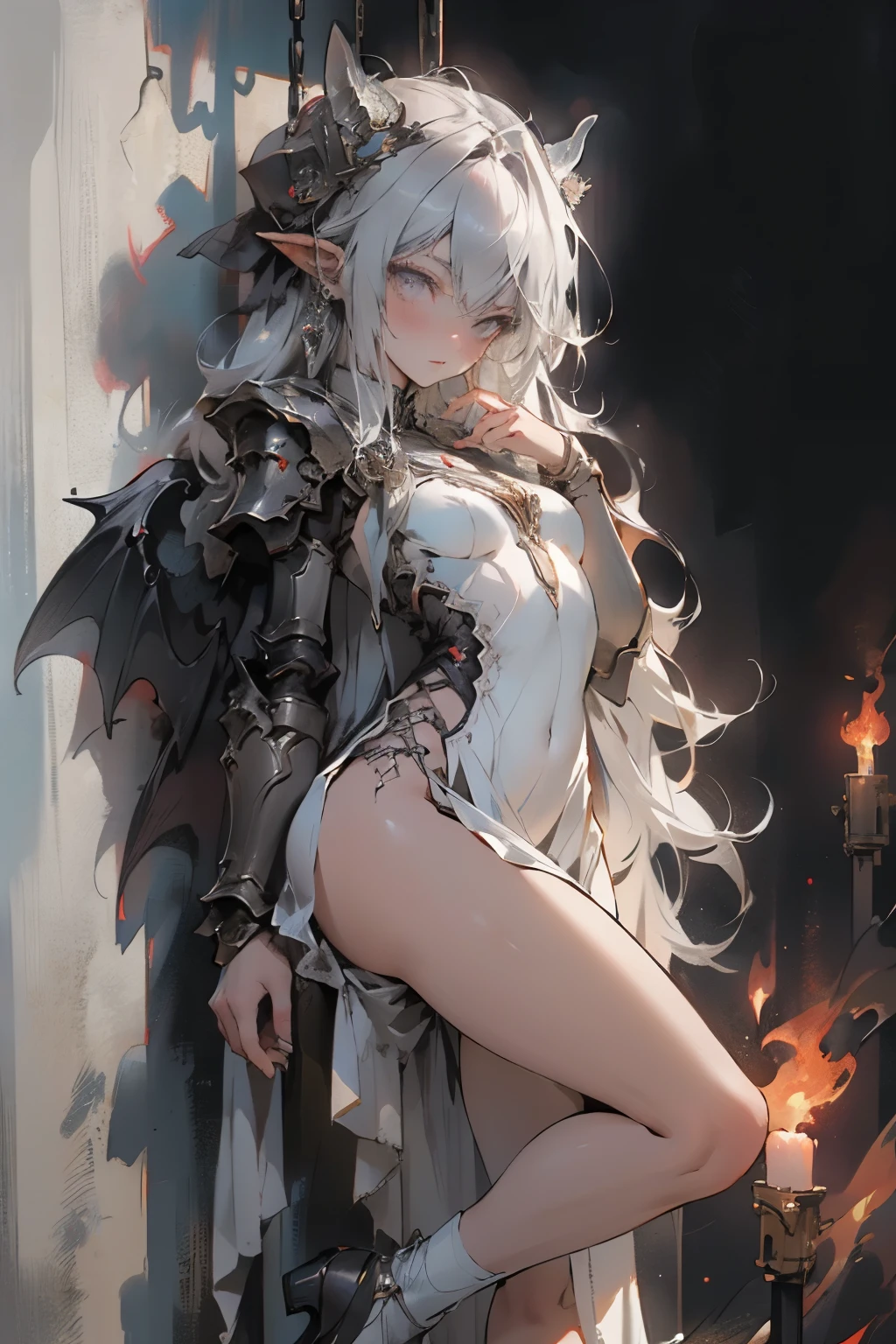 ((Finest quality)),(超A high resolution),(ultra-detailliert),(Meticulous portrayal),((Best Anime)),(Finest works of art),(Ultra-Precision Art),(The art of astounding depiction,Overwhelming depiction:1.5),(intricate and detailed art:1.6), (adult woman:1.5),(Hanging:1.6),Staring at this:1.4,sneering:1.5,(Armor shaped like a skeleton:1.3), (Black Flame:1.5), terrifying, nightmarish, cosmic horror, body horror, NSFW, small breasts, a heavenly female knight, imposing, biblical, NSFW, long white grey hair, grey white eyes, very skinny, detailed, best quality, prominent collarbones, skinny arms, flat stomach, visible hip bones, small breasts, full body, red and white clothing, occult aesthetic, occult, detailed and intricate steampunk and detailed gothic, NSFW, Fluttering lace flared long knee length dress with frilly petticoats, knee length dress, pleated petticoats, petticoats gothic, complex lace boots, gothic aesthetic, wielding a mighty sword with mechanical components, mandalas, small breasts, a fairy, various different types of insect wings, bug wings, beetle wings, NSFW, full body, whole body, body, chains,