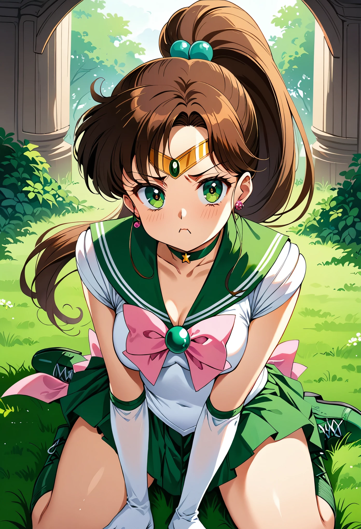 (masterpiece, best quality, very aesthetic, ultra detailed), intricate details, 4k, aajupiter, long hair, ponytail, hair bobbles, tiara, earrings, green eyes, green choker, green sailor collar, pink bowtie, white shirt, white leotard, elbow gloves, white gloves, green skirt, pink bow, boots, green footwear, wariza, grass, pout,