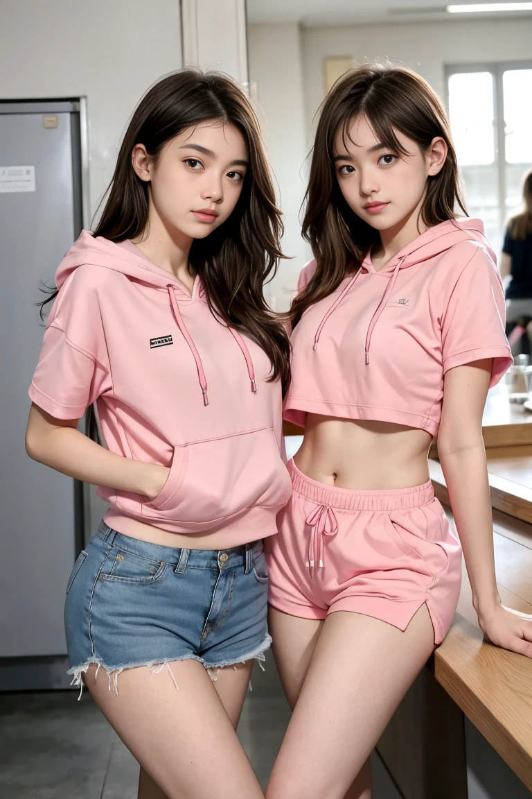 deux femmes ensemble de 18 ans sexy et mince , pink short sleeve hoodie , jambe visible , se touche,salle de classe,position sensuel
