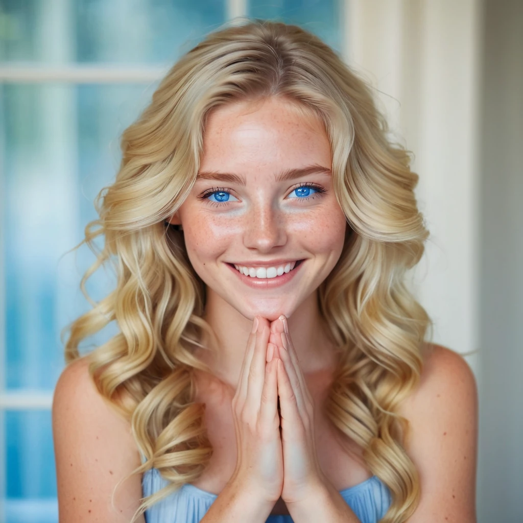 The image shows a young woman with a radiant smile. She has long, wavy blonde hair and striking blue eyes. Her skin appears fair, and she has a few freckles on her face. She is holding her hands together in front of her, with her palms facing upwards. The background is softly blurred, suggesting an indoor setting with natural light, possibly from a window. The overall mood of the image is warm and inviting.