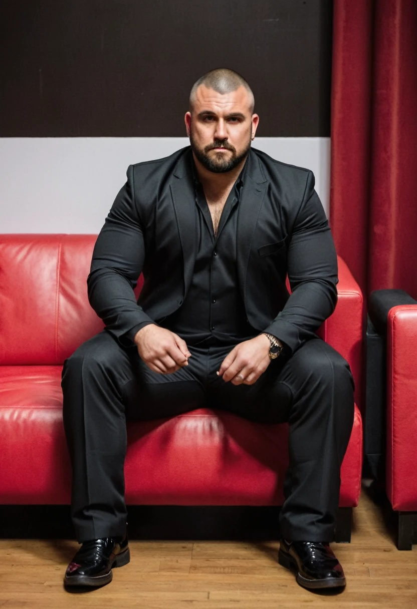 RAW photo, full body, a 35-year-old man, ((dressed as a bouncer)), is sitting on a guest sofa, looking towards the audience, wearing shoes, with both hands forward on his knees, straight forward position, 