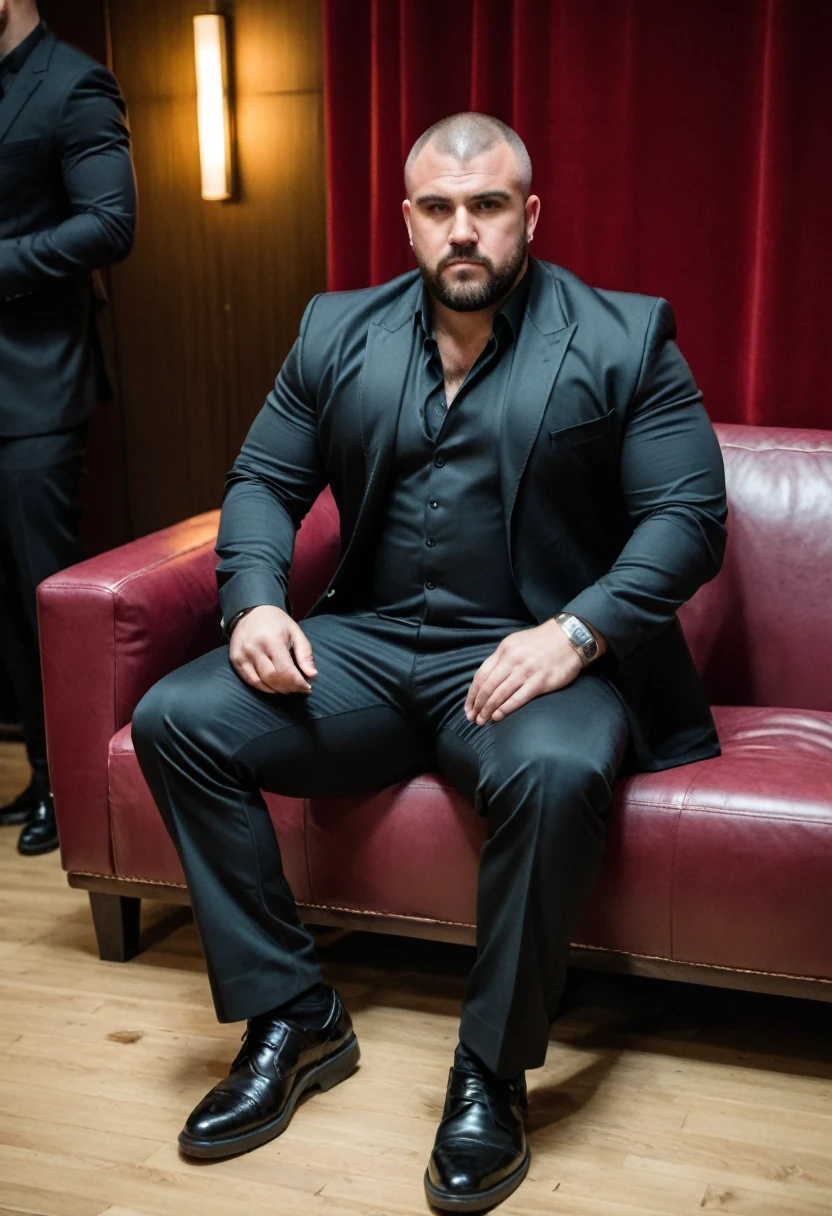 RAW photo, full body, a 35-year-old man, ((dressed as a bouncer)), is sitting on a guest sofa, looking towards the audience, wearing shoes, with both hands forward on his knees, straight forward position, 