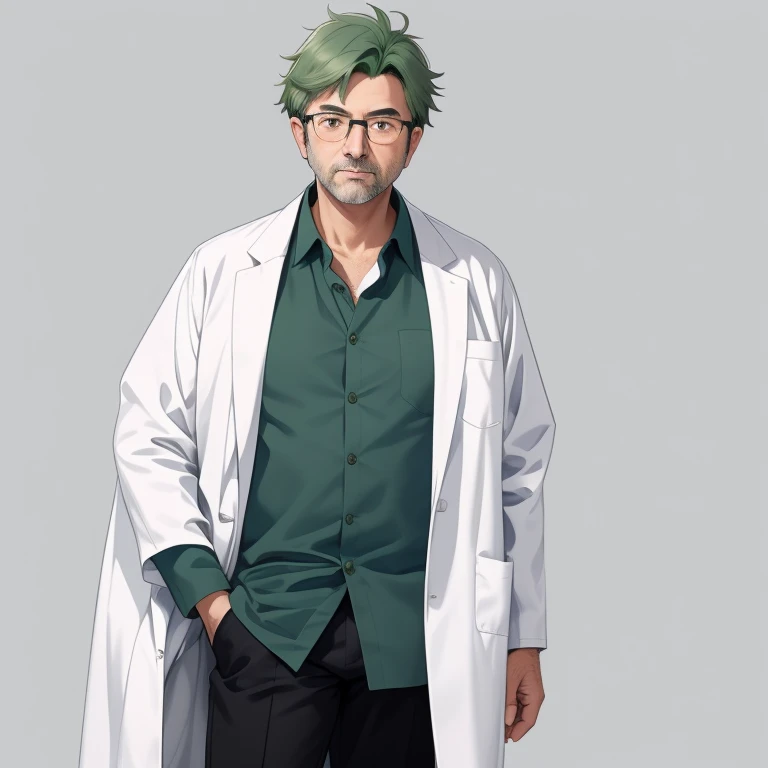 1 old man, 30 years old, white lab coat, dark green hair, blue collared shirt, black pants, glassese, full body, standing, lower arms, looking at viewer, front view, thick outline, gray background, simple background, best quality, masterpiece