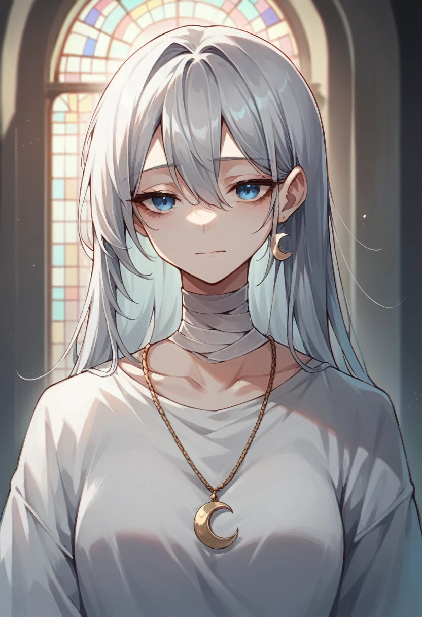 Anime adult woman, silver hair, tired face, kind smile, blue eyes like a dragon, scales around the eyes, wearing white church clothes, wearing crescent moon pendant, with bandages around the neck, qualidade hd