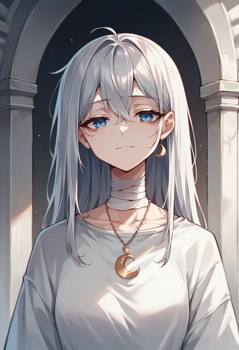 Anime adult woman, silver hair, tired face, kind smile, blue eyes like a dragon, scales around the eyes, wearing white church clothes, wearing crescent moon pendant, with bandages around the neck, qualidade hd
