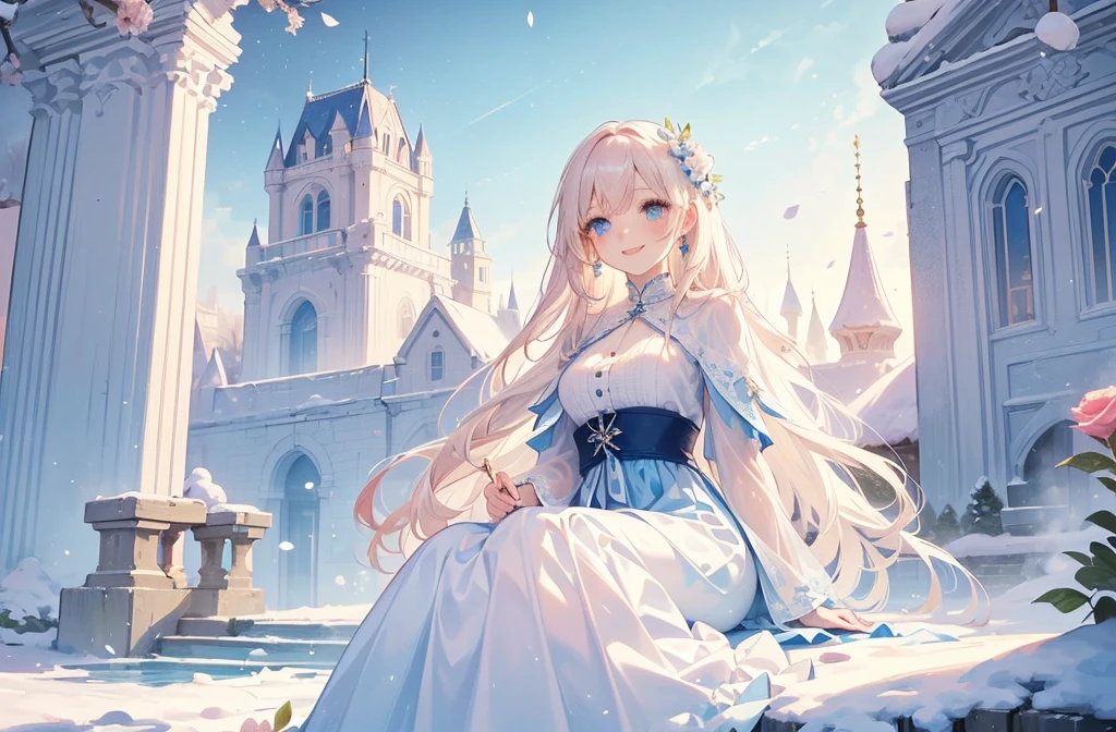 ((best quality,masterpiece,Extremely complex and exquisite details,There is only one beautiful girl with long white straight hair and blue eyes,Smile,long skirt)),(Exquisite light blue and white clothing,Beautiful bright and exquisite ancient style white castle architectural background),(correct anatomy,exquisite face),(Exquisite fantasy dream style,Snow,Falling Flowers,The great outdoors),Sitting