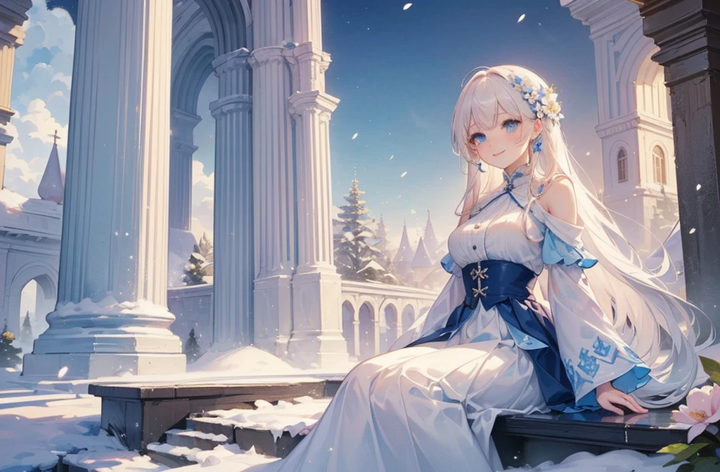 ((best quality,masterpiece,Extremely complex and exquisite details,There is only one beautiful girl with long white straight hair and blue eyes,Smile,long skirt)),(Exquisite light blue and white clothing,Beautiful bright and exquisite ancient style white castle architectural background),(correct anatomy,exquisite face),(Exquisite fantasy dream style,Snow,Falling Flowers,The great outdoors),Sitting
