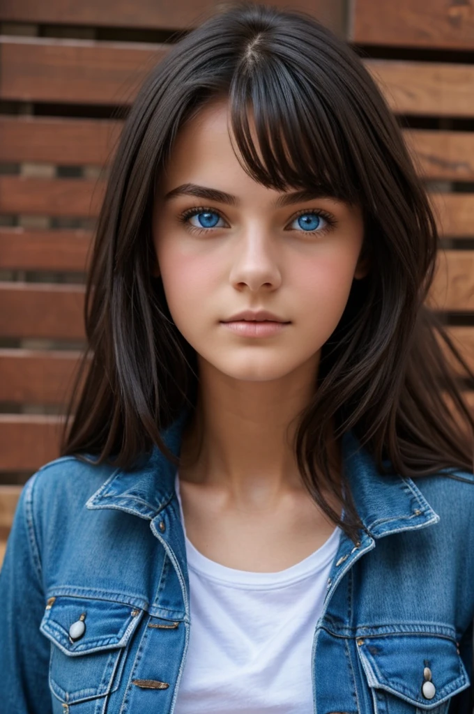 Beautiful teenage girl. Dark hair and blue eyes she wear a beautiful t-shirt, à jacket and jean