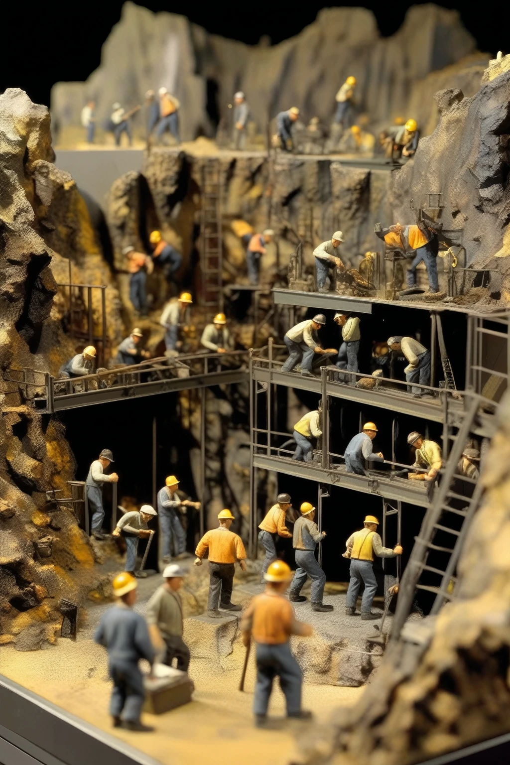 Diorama - Diorama, scaled scenery of a group of miners working on the border of an open cut mine fitted into a data rack