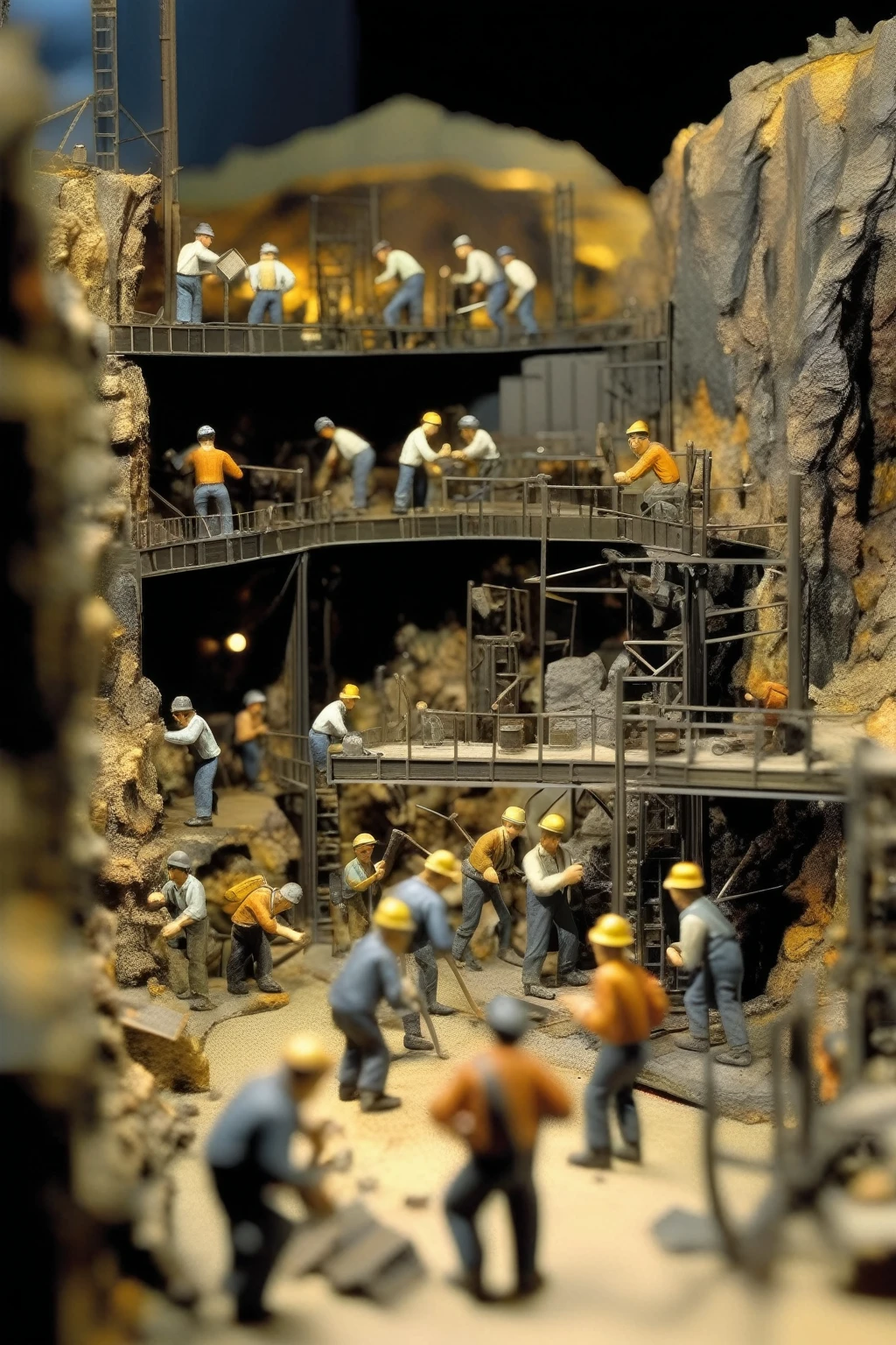 Diorama - Diorama, scaled scenery of a group of miners working on the border of an open cut mine fitted into a data rack