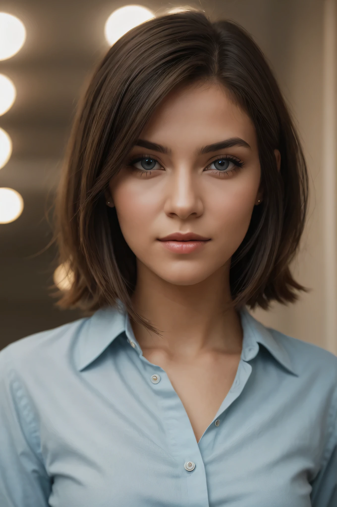 The image depicts a young woman with long, direct, light brown hair styled with two small clips on each side, that add a subtle touch of detail to your look. Your hair falls gently in a cascade, framing your face elegantly. She has striking blue eyes that are wide open, dando a ela um olhar direct e cativante. Your skin is clear and flawless, with natural, minimalist makeup that highlights your features without dominating them. She is wearing a light blue collared shirt that adds a pop of color and contrasts nicely with her hair and skin tone... The background is gently blurred, with bokeh lights creating a warm and somewhat dreamy atmosphere. The lights are a mix of warm and cool tones, contributing to the overall aesthetic of the photograph. The focusing is clearly on the woman's face, capturing your expression and features in high detail. The overall composition of the image suggests a professional portrait, pay attention to lighting, focusing, and background to enhance the natural beauty of the subject.