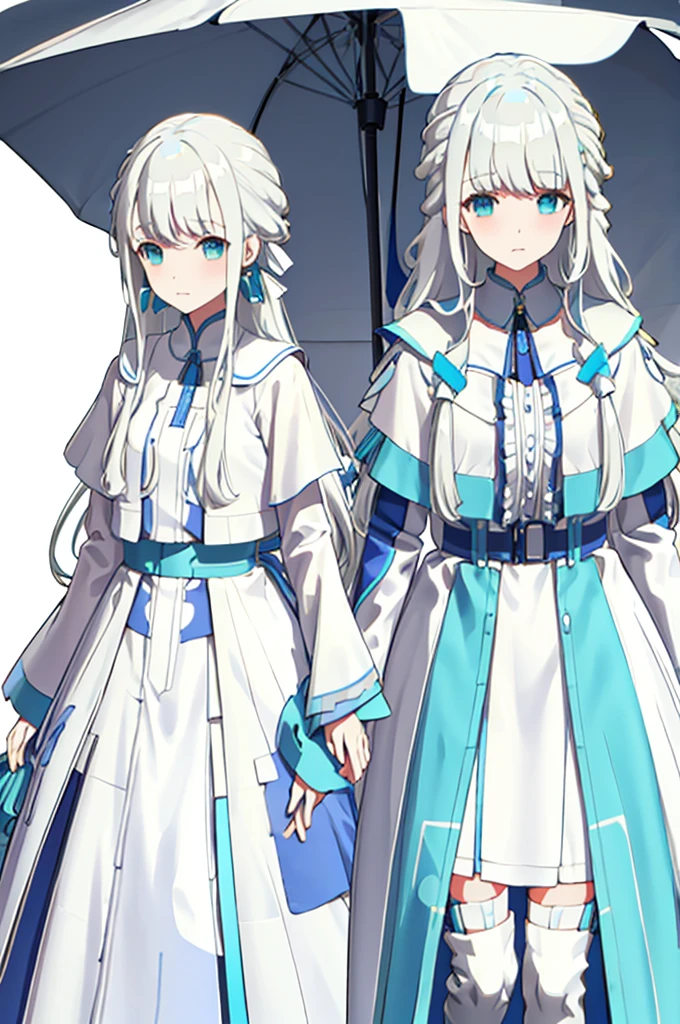 White Hair、Blue-green eyes、Long Hair、Straight Hair、White dress、mysterious、White background