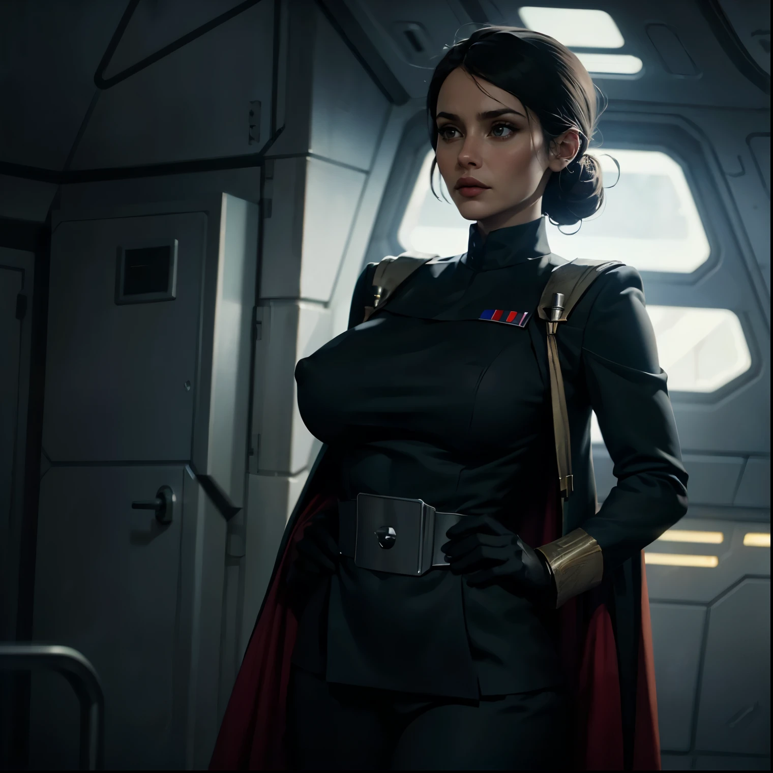 Incredibly detailed wide angle shot shot of a gorgeous and skinny woman with EXTREMELY saggy big breasts, nipples visible through clothing, a narrow waist, a incredibly supermodel thin body, with VERY narrow hips, super thin legs, (bimbo lips), vivid blue eyes, extremely detailed face, thoughtful expression, (long ((black)) hair styled in bun), Star Wars Imperial Officer black uniform, ((white) admiral cape), matte paint, atmospheric, dramatic lighting, standing inside an imperial space ship.