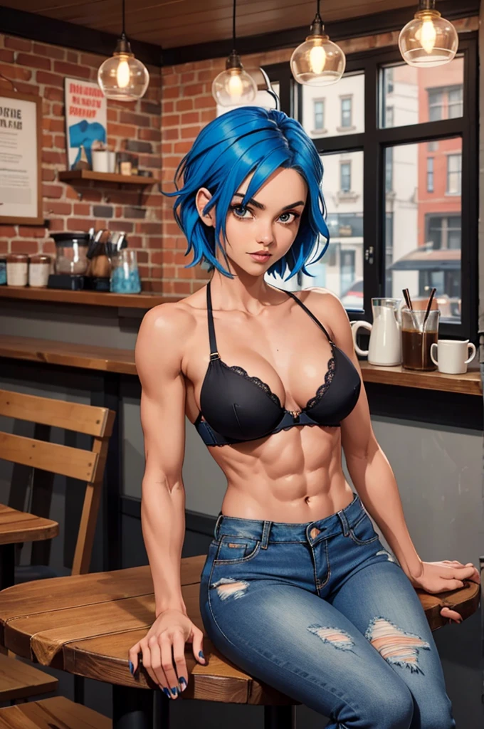 "Full body shot of a girl with blue hair, styled in a bold and edgy fashion. She’s in a trendy coffee shop, casually seated at a wooden table with a latte in front of her. The background features the cozy, eclectic decor of the coffee shop, with warm lighting and quirky decorations. Black bra, ripped skinny jeans, and bare veiny feet with blue nail polish. Bare shoulders, fit body,veiny shoulders,veiny arms,abs. Her expression is confident and cool, reflecting her unique style and personality."