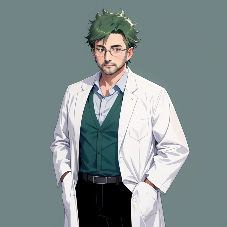 1 old man, 30 years old, white lab coat, dark green hair, blue collared shirt, black pants, glassese, full body, standing, lower arms, looking at viewer, front view, thick outline, gray background, simple background, best quality, masterpiece