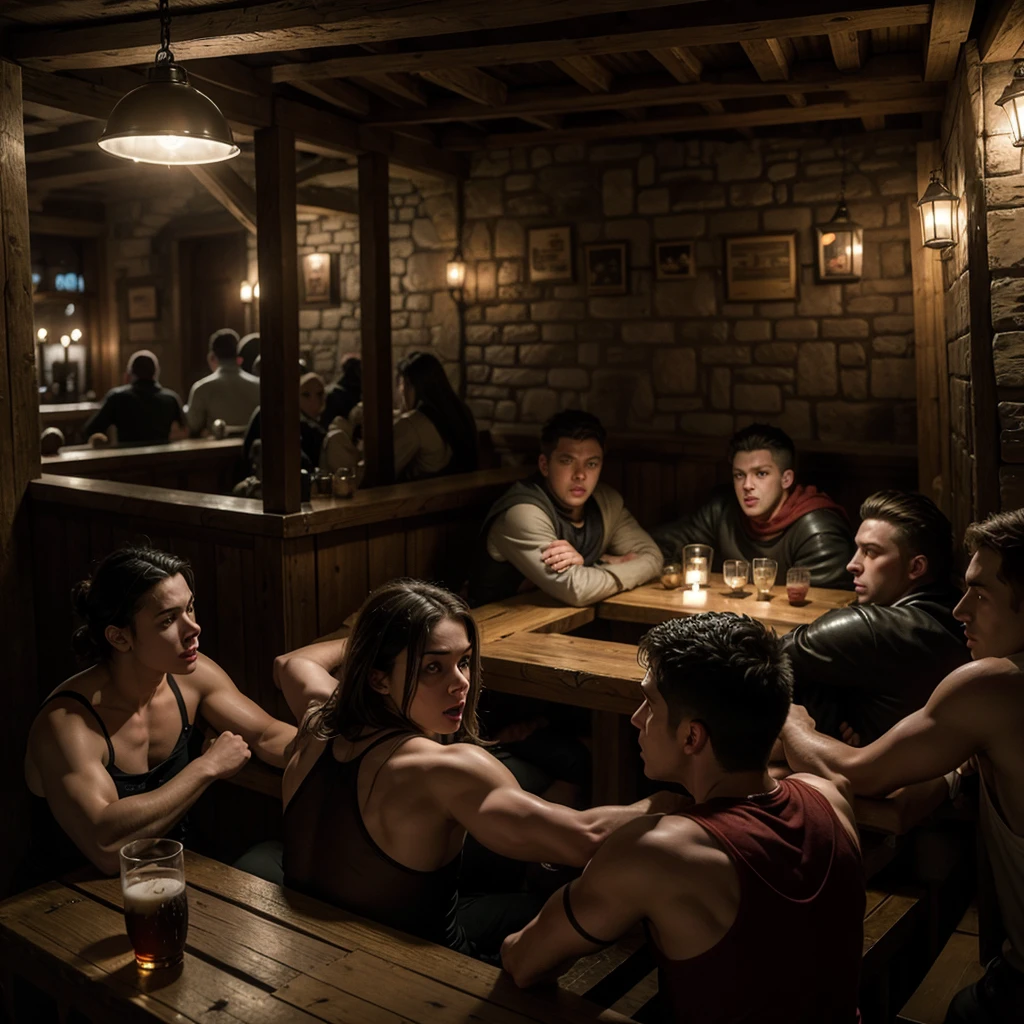 Several people fighting inside a medieval bar.