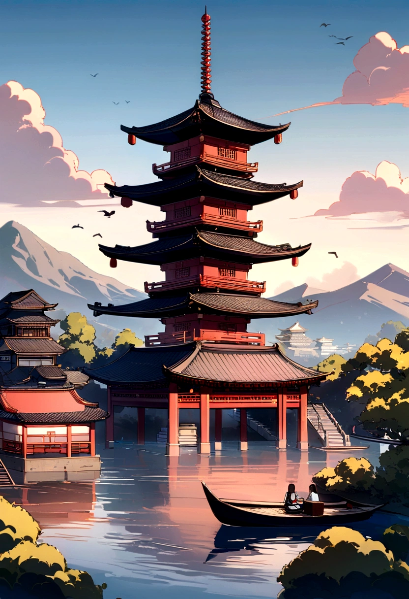 landscape, lantern, cloud, architecture学, east asian architecture学, outdoor, sky空, watercraft, bird, Boat, Back to, water, sky, pagoda, sit, architecture,Mountain, cloudy sky空