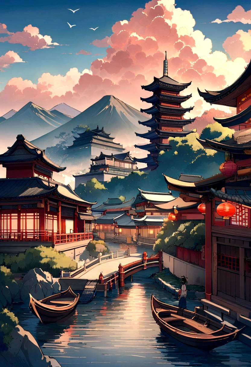 landscape, lantern, cloud, architecture学, east asian architecture学, outdoor, sky空, watercraft, bird, Boat, Back to, water, sky, pagoda, sit, architecture,Mountain, cloudy sky空
