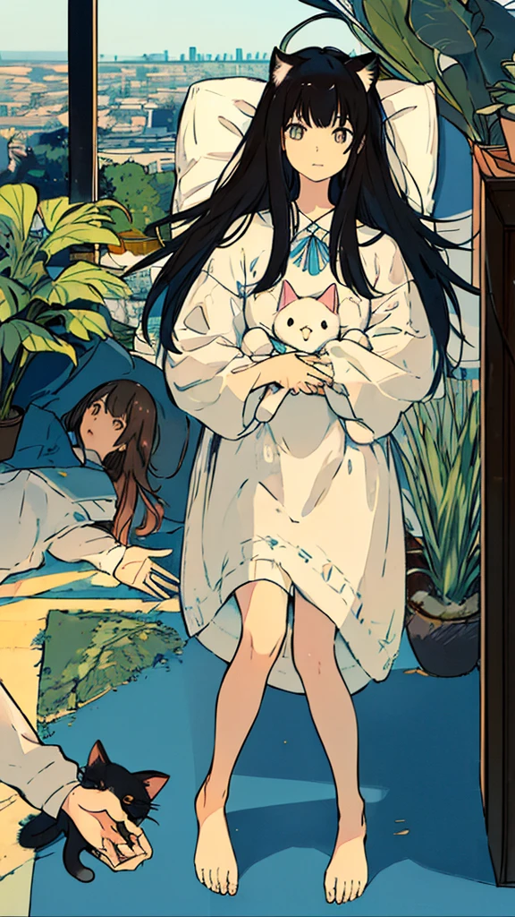 a girls, from above, plant, black hair, cat, lying, indoors, holding, long sleeves, long hair, stuffed toy, potted plant,short hair, on back, stuffed animal, bangs, slippers, barefoot, blue sky,Walking around the city