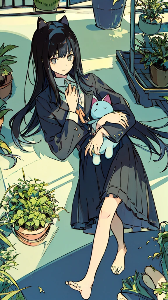 a girls, from above, plant, black hair, cat, lying, indoors, holding, long sleeves, long hair, stuffed toy, potted plant,short hair, on back, stuffed animal, bangs, slippers, barefoot, blue sky,Walking around the city