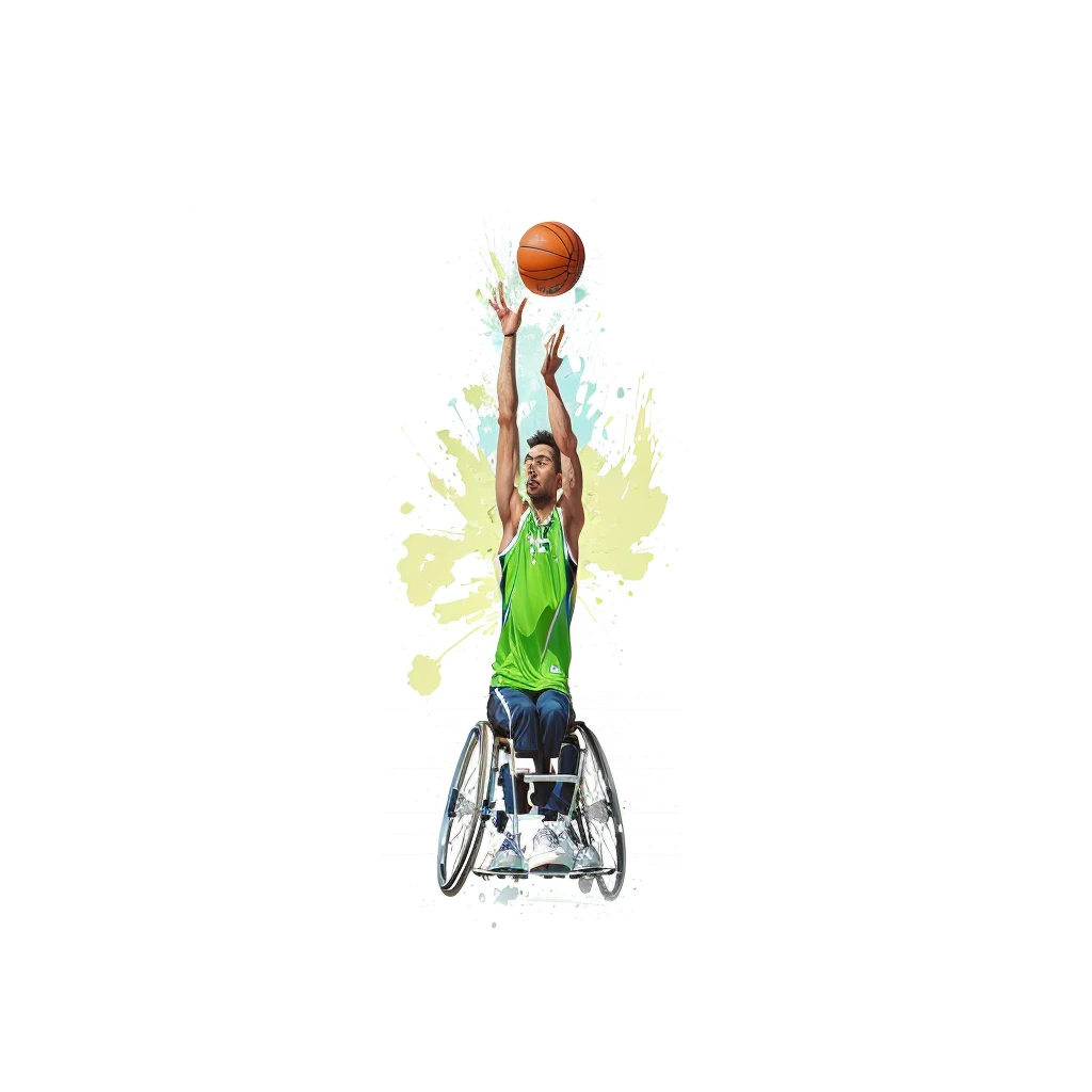 arafed man in a Wheelchair playing basketball with a ball, basquetebol, Ranni, artistic illustration, dribble, Wheelchair, sitting in a Wheelchair, artistic rendering, simple illustration, high quality illustration, Digital illustration, stylized Digital illustration, dribble contest winner, Winning illustration, playing basketball, shot in mid-air, artistic representation, drawn with photoshop, professional illustration