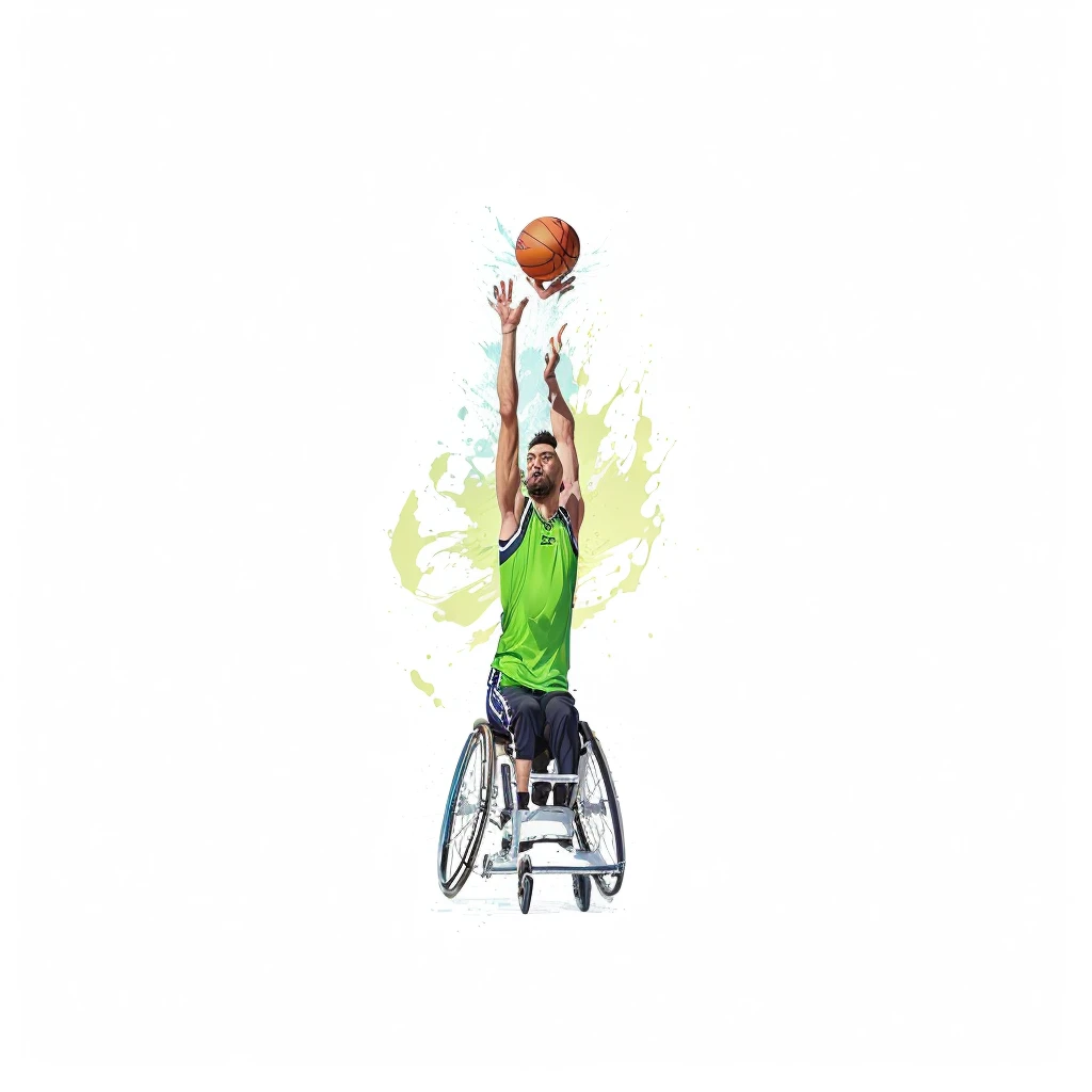 arafed man in a Wheelchair playing basketball with a ball, basquetebol, Ranni, artistic illustration, dribble, Wheelchair, sitting in a Wheelchair, artistic rendering, simple illustration, high quality illustration, Digital illustration, stylized Digital illustration, dribble contest winner, Winning illustration, playing basketball, shot in mid-air, artistic representation, drawn with photoshop, professional illustration