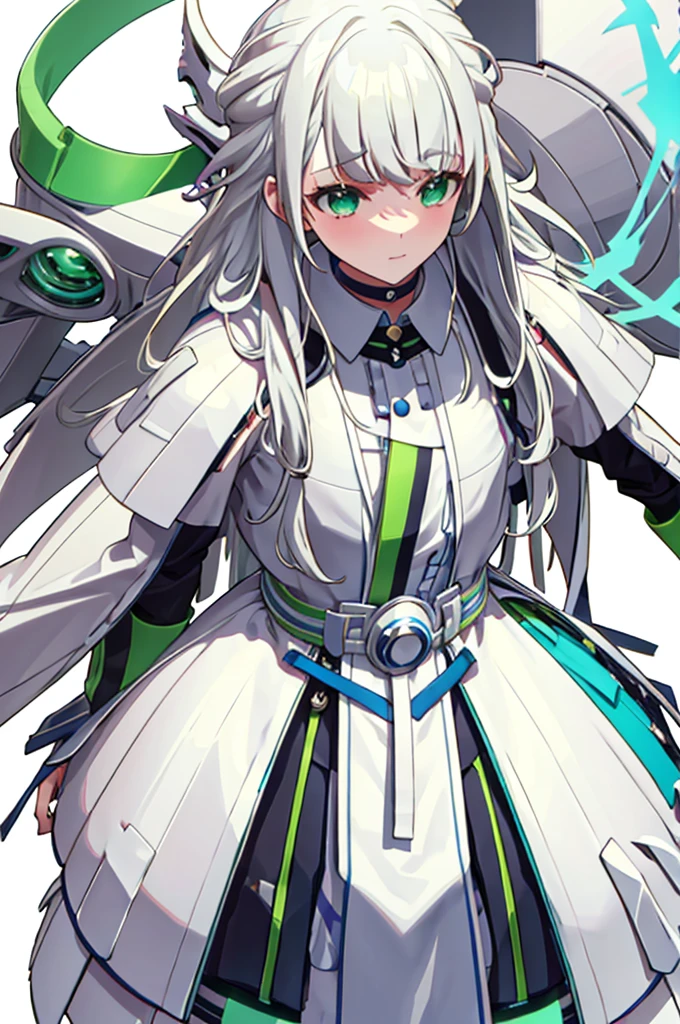 White Hair、Green Eyes、Long Hair、White dresysterious、White background