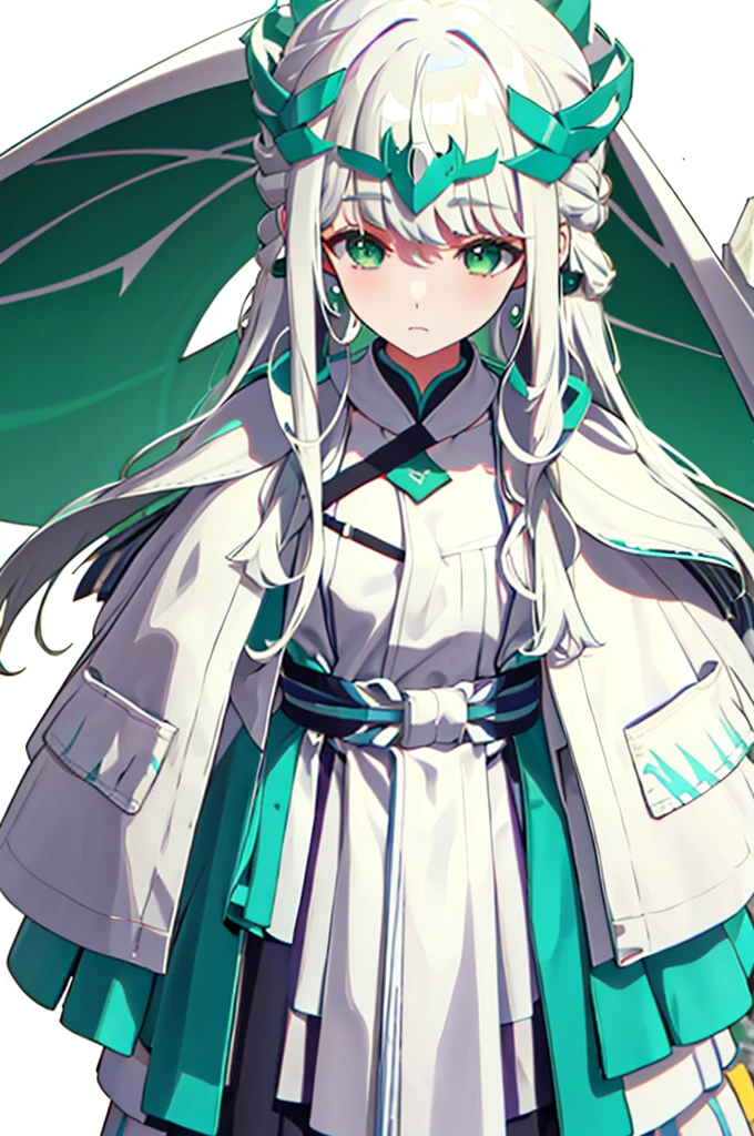 White Hair、Green Eyes、Long Hair、White dresysterious、White background
