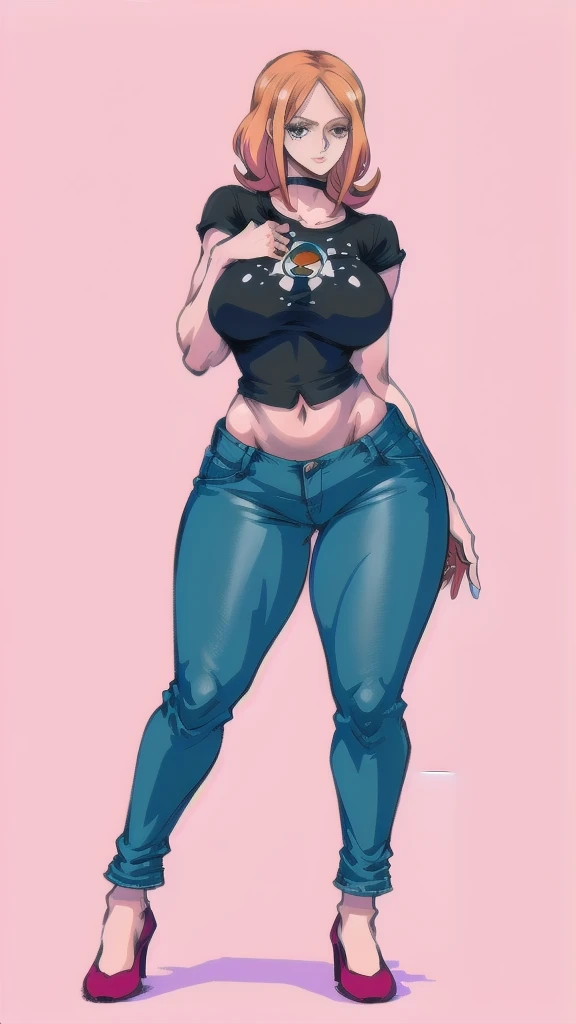 (full body), full body in image, full nami from one piece, nami clothes,fusion of nami and nico robin from one piece, short jeans, full woman, full body, simple hair, female body, curvy body, thicc body, big thighs, voluptuous body, full thick body, dinamic pose, curve body. detalied pose, body, simple background, expressive face, focus on face, line art, sketch
