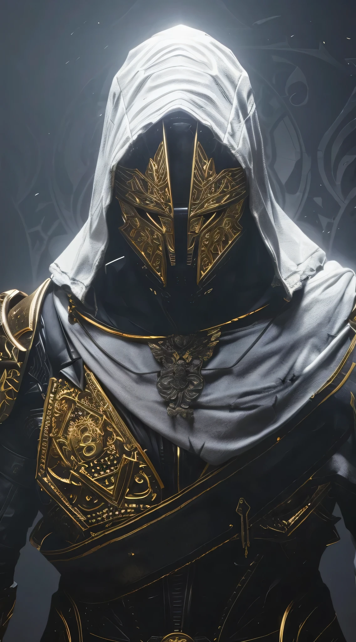 Front-facing portrait of a positive hero in a geometric, futuristic golden mask and white hooded tunic in black and sand, wearing a cleric robe. The design fuses elements from Dune's aesthetic, Diablo 4's dark themes, Destiny 2 and Warhammer 40k's grandiose sci-fi. Top lighting provides a mystical, foggy atmosphere suggesting an ancient temple. Dominant colors: black, white, gold, sand, royal blue, emerald green
