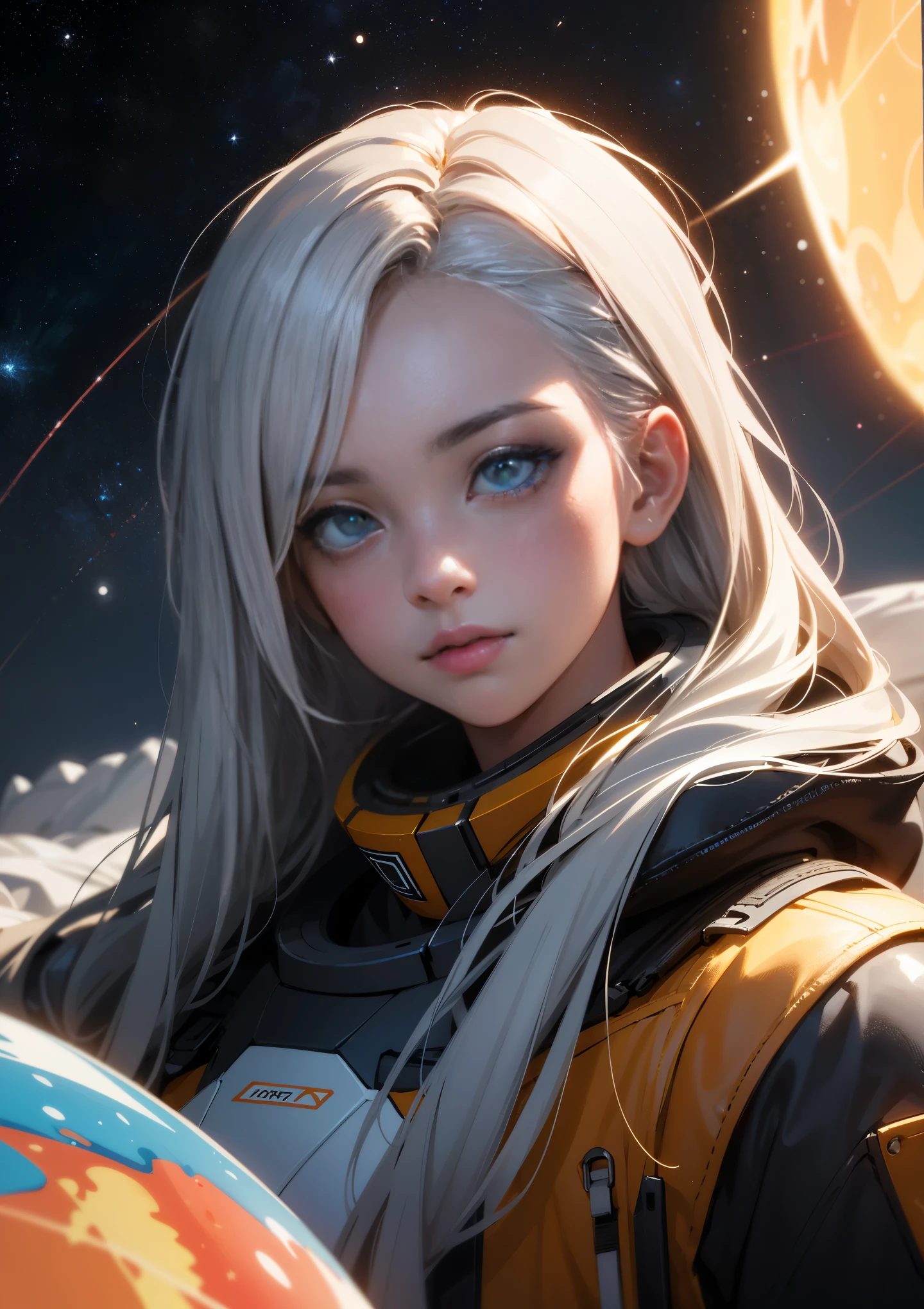 (Best Quality,4k,8k,high resolution, Masterpiece:1.2),ultra detailed, sharp focus,(realist,photorealist,photo-realist:1.37),Very detailed face, extremely detailed facial features, absurdities, high resolution, ultra detailed, (1 girl:1.3), REST homography, Analogic photograph, vibrant colors, soft focus, light leaks, dream atmosphere, experimental charm, nostalgic appeal BREAK color field painting, large stripes of color, abstract expressionism, bold shades, emotional impact, atmospheric depth, minimalist approach REST , space exploration, celestial bodies, astronomical phenomena, scientific discoveries, wonders from another world