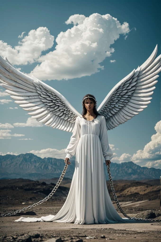 Four-winged angel with white clothing chained in a dark and desolate landscape.