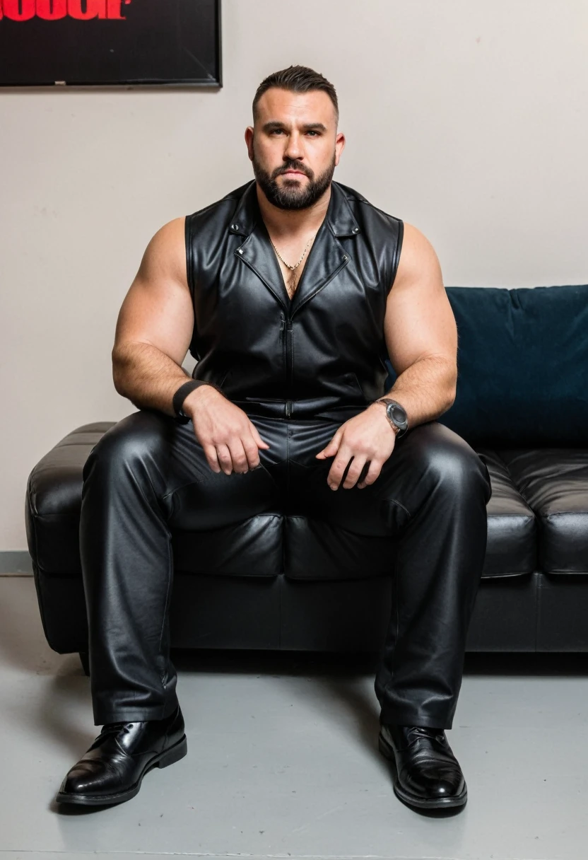 RAW photo, full body, a 35-year-old man, ((dressed as a bouncer)), is sitting on a guest sofa, looking towards the audience, wearing shoes, with both hands forward on his knees, straight forward position,