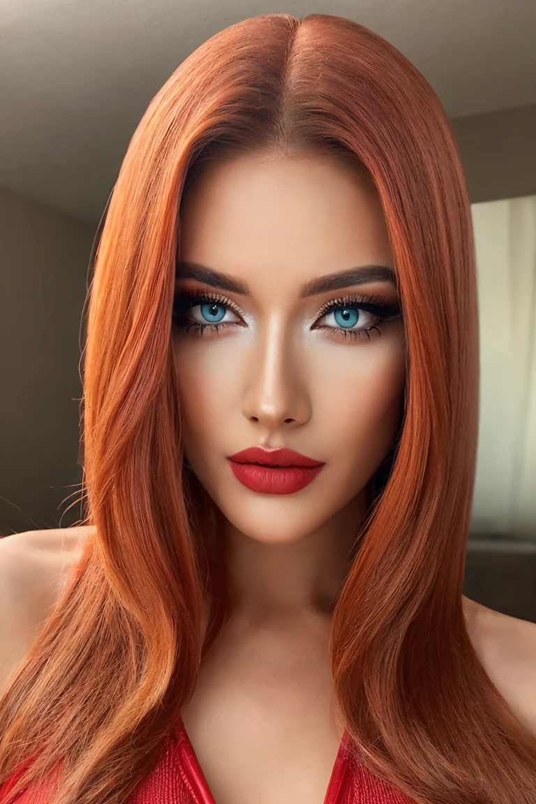 Face shot of a Caucasian, red-haired, blue eyes woman wearing a red eyes mask, bright yellow swimsuit, red silken gloves. masterpiece,ultra quality,full details,perfect face, laugh, masterpiece, ultra best picture, ultra intricate creative detail, hyper realistic detail, ultra hyper photo realism, ultra-hyper immersive visuals, score_9,score_8_up,score_7_up,makeup, eyeshadow, mascara, red lips,