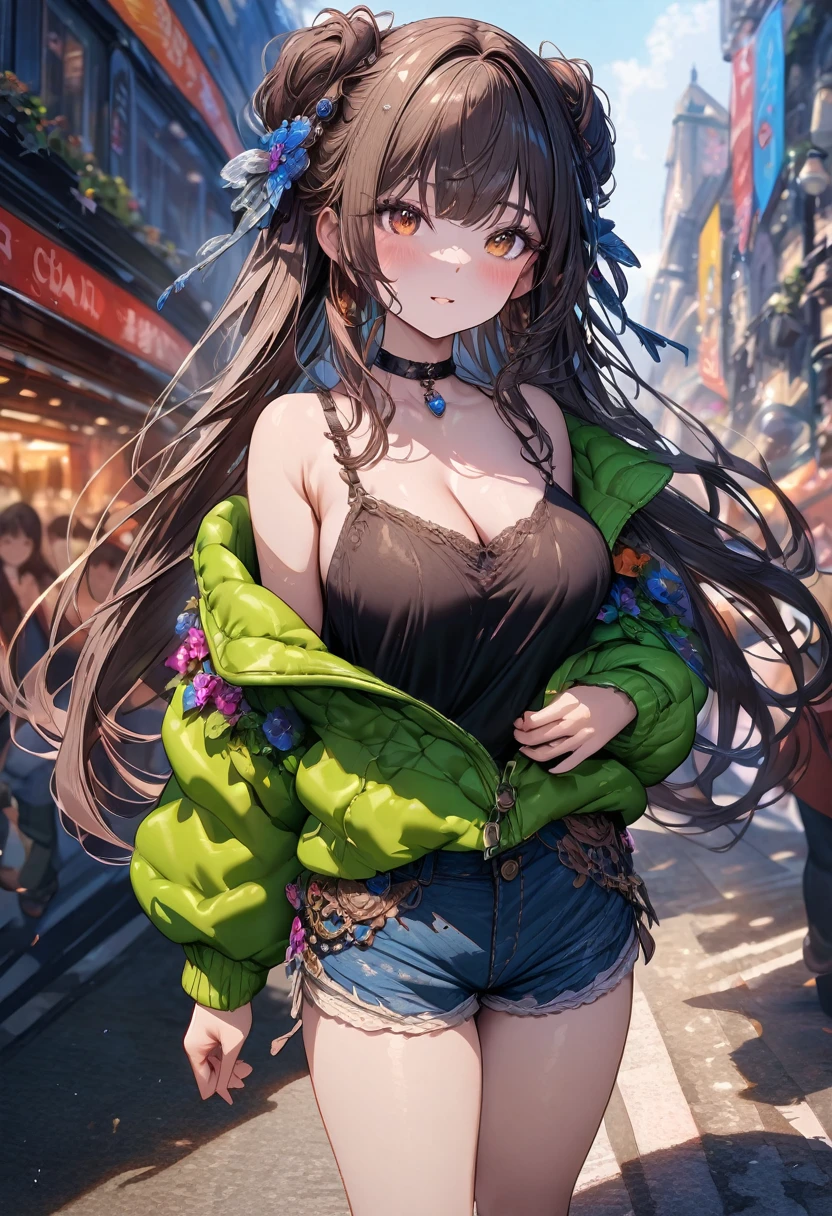 ((masterpiece), best quality, very aesthetic, newest, absurdres, detailed, high quality)
BREAK
highest quality, top quality, details, highres, ultra fine painting, digital art, official art, cinematic, 4k, 8k resolution, 8K CG wallpaper, CG, original artwork, detailed background, colorful background, blue atmosphere, High Dynamic Range, blurry background, blue hour, Starburst effects, crepuscular rays, good ISO, high resolution, wide shot, from far away, RAW photo, POV, sharp focus, light reflection, reflections, intricate details, soft light, particle noise, professional photography, bokeh, depth of field, natural lighting, vibrant colors, looking away, detailed lights and shadows, stylish, ultra-detailed, top rated on Pixiv, trending on Artstation, niji style, modern-days, master crafted, pose
BREAK
solo, close up shot, from above, 1girl, pale skin, correct fingers, detailed hand, (big breasts:1.2), big thighs, small torso, short body, flushtered, blush, anxious expression, embarassed, embarassed act, casual, slim, ((cute, childlike face):1.3), nice hips, nice body, brown hair, (very long flowing hair), (big 2 buns hairstyle)), long bangs, long hair, middle hair bangs, brown eyes
BREAK
(black string tank top, choker, off shoulder open green hoodie, (tummy skin), open unbuttoned shorts, many colors outfit ornaments) 
BREAK
a person walking down a street with a crowd of people, crowded street, crowded streets, in front of a large crowd, giant crowd, girl walking through city, people walking down a street