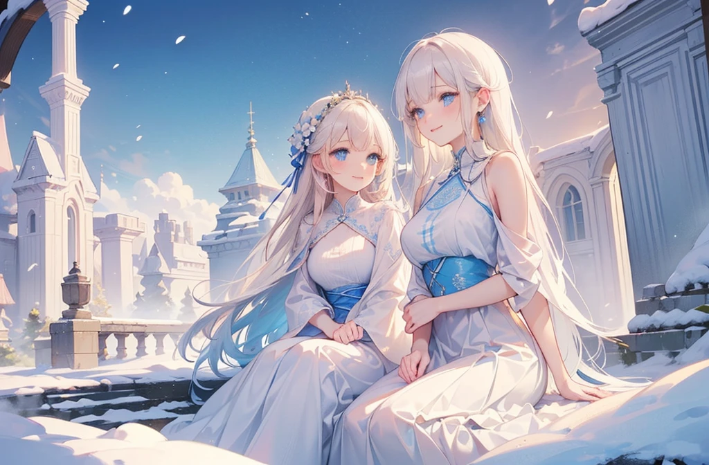((best quality,masterpiece,Extremely complex and exquisite details,There is only one beautiful girl with long white straight hair and blue eyes,Smile,long skirt)),(Exquisite light blue and white clothing,Beautiful bright and exquisite ancient style white castle architectural background),(correct anatomy,exquisite face),(Exquisite fantasy dream style,Snow,Falling Flowers,The great outdoors),Sitting