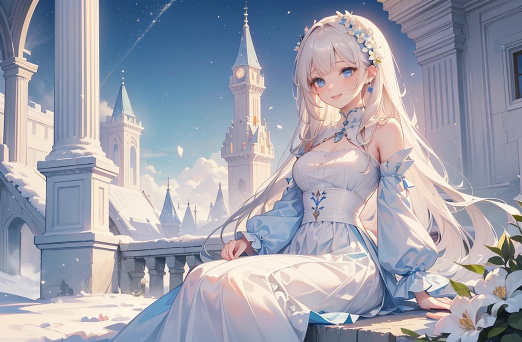 ((best quality,masterpiece,Extremely complex and exquisite details,There is only one beautiful girl with long white straight hair and blue eyes,Smile,long skirt)),(Exquisite light blue and white clothing,Beautiful bright and exquisite ancient style white castle architectural background),(correct anatomy,exquisite face),(Exquisite fantasy dream style,Snow,Falling Flowers,The great outdoors),Sitting